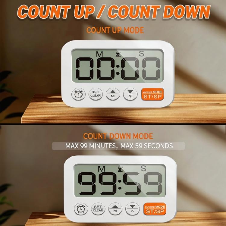 Digital Alarm Clock with 99:59 Down Count, Two Alarm Functions, Foldout Stand and Wall Hanging for Kitchen Office Use Daily Indoors