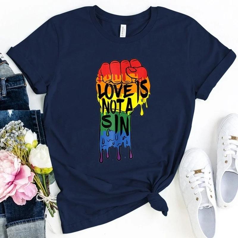 

Любовь - не грех Радужный принт кулака Женская футболка с коротким рукавом и круглым вырезом Свободная женская футболка Женская футболка Топы Camisetas Mujer XXXL темно-синий
