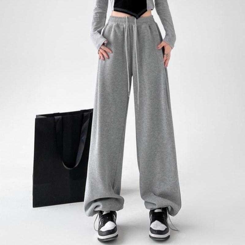 Autumn Sports Casual Loose Wide Leg Pants Women Fashion Solid Elegant High Waist Trousers Women Simple Straight Drawstring Office Ladies Trouser 25681