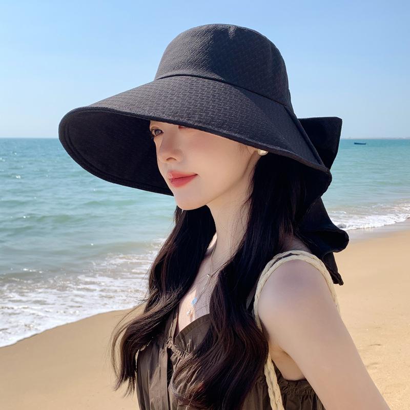Summer new hat women's neck protection shawl hat sunshade sun protection hat bow bucket hat advanced sense