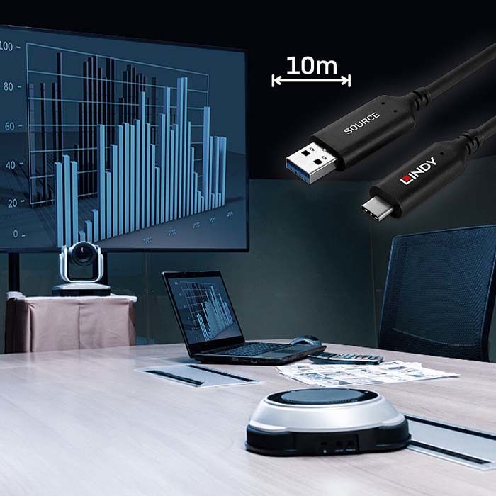 LINDY Câble USB 3.2 Gen1 Type A vers Type C hybride 5Gbps - 10m