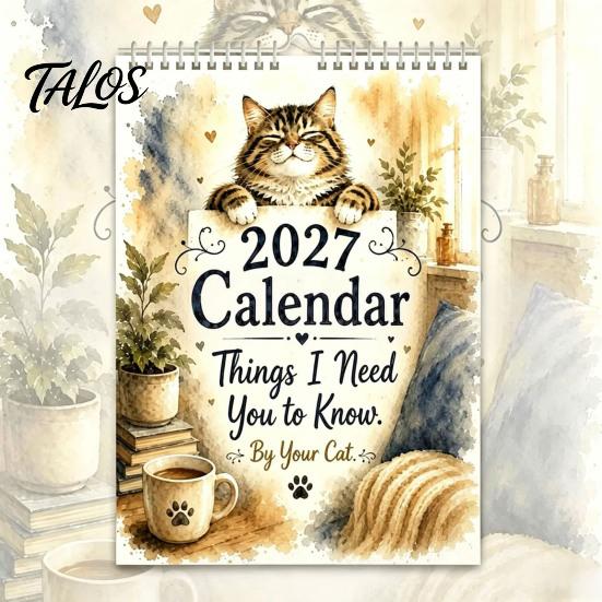 Large Grid Monthly Planner 2027 Cat Wall Calendar with Watercolor Illustrations, for Thick Paper Hanging Home Office, Coil Binding, 12x8 Inches Office