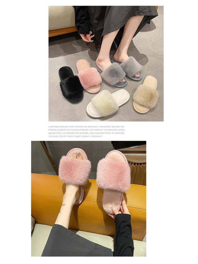 Women's Winter Indoor Cotton Slippers - Large, Warm, Solid Color Fur Design