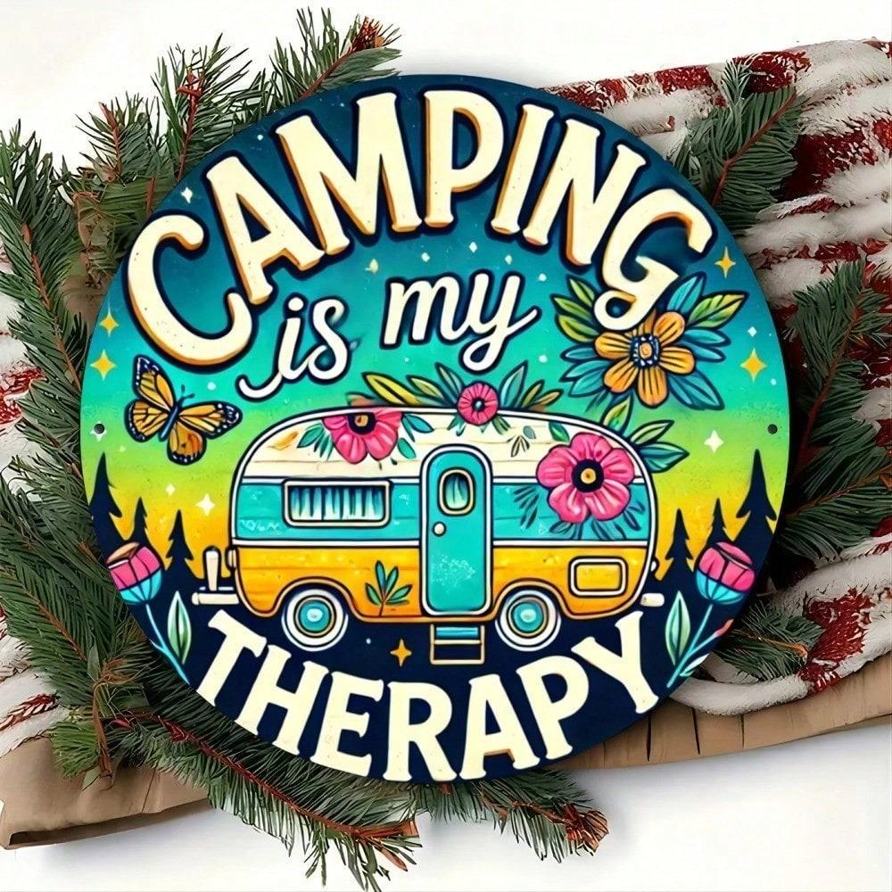 Vintage Camper Van Tin Sign, Round Retro Metal Wall Art, Camping Decor for Living Room, RV Garage, Man Cave, 7.8 Inch