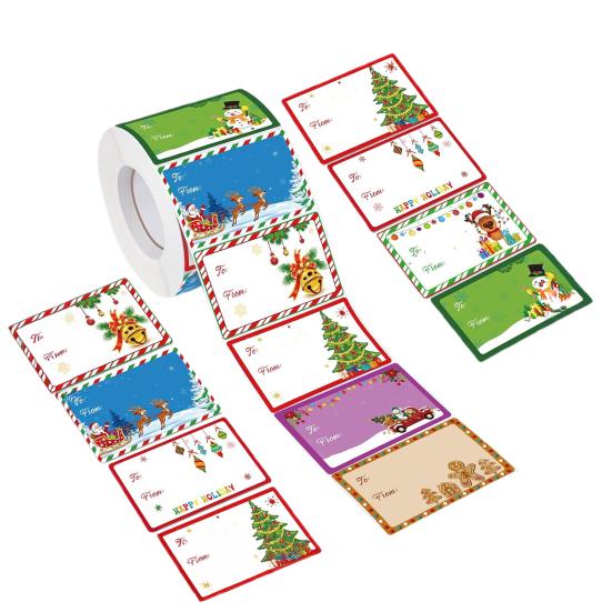 500Pcs/Roll Christmas Gift Tags Cartoon Santa Snowman Reindeer Tree To And from Name Tags DIY Present Box Greeting Card Envelope Self-adhesive Label