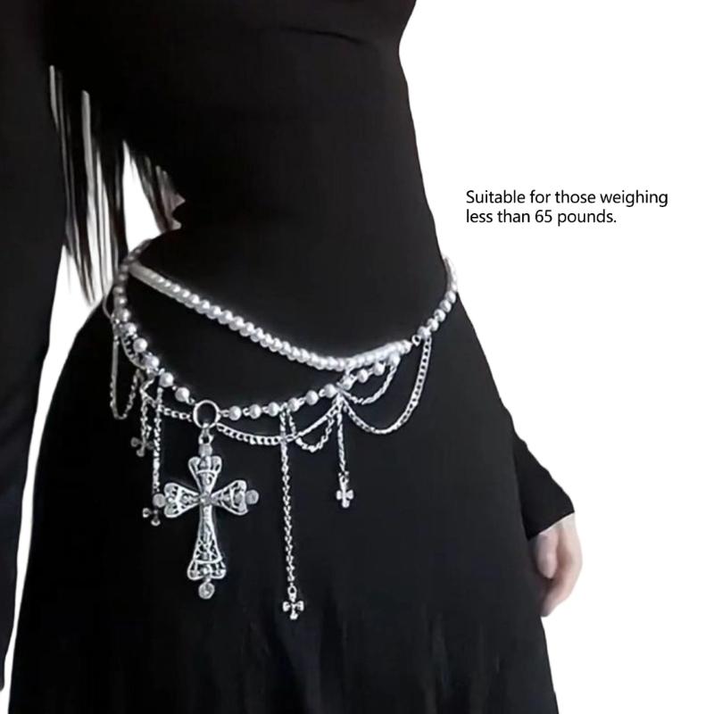 Edgy Crosses Design Pearls Chain Waist Chain For Punk Rock Concerts And Casual Streetwear