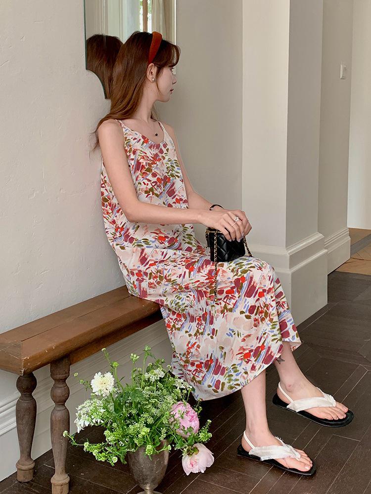 

Hand-Painted French Floral Print Slip Dress, Summer 2025, Acetate Satin Faux Silk L (85-100 kg)