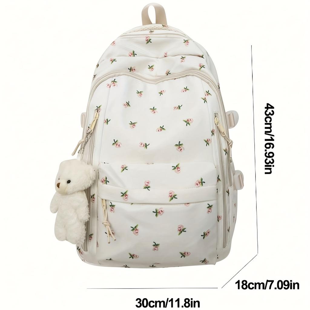 Women's Floral Backpack with Teddy Bear Pendant Large Capacity School Backpack for College, Travel, Everyday Use, Cute Backpack