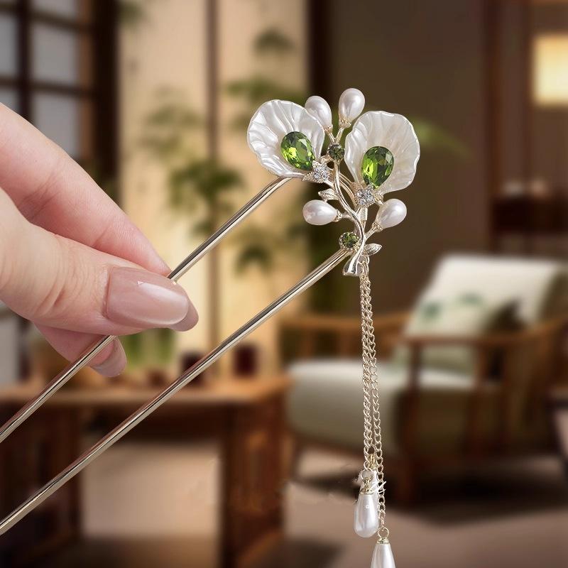 2026 New U-Shaped Hairpins Women Pearl Green Bead Flower Tassel Hair Fork Elegant Exquisite Hanfu Wedding Hair Accessories Gift