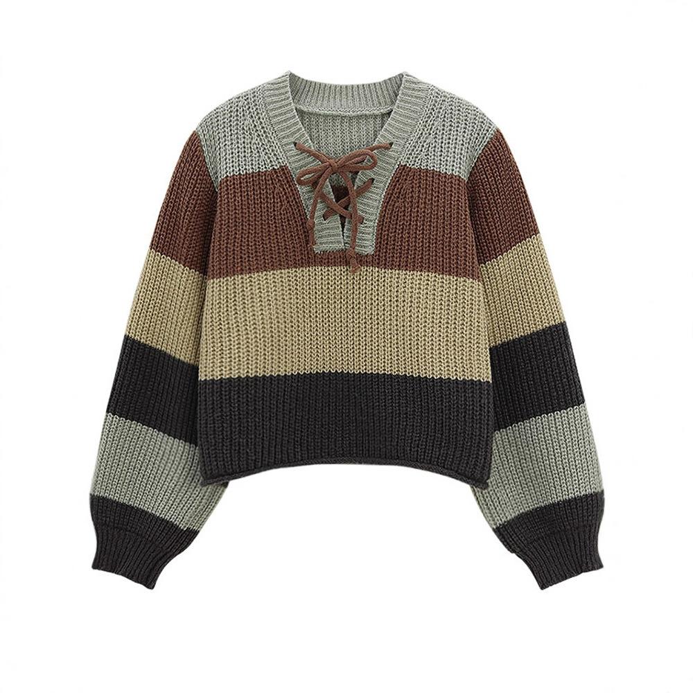 

Striped contrasting color lace-up knitted sweater women s autumn and winter new design sense V-neck short long sleeve One Size