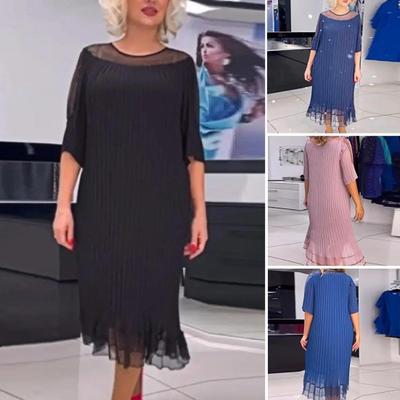 Women Dress Half Sleeve O Neck Double-layer Mesh Patchwork Ruffle Hem Plus