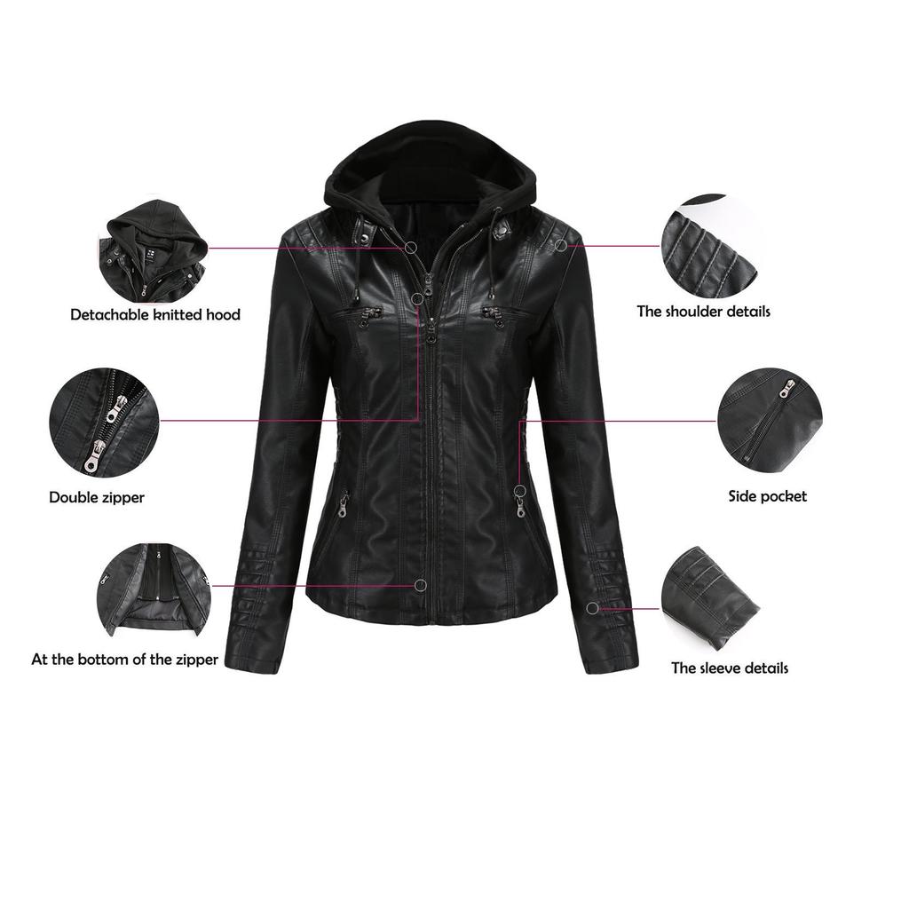 Women's Plus Size PU Washed Leather Hooded Jacket & Coat Set - Detachable