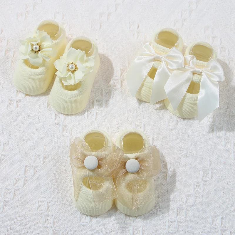 3 Pairs Cute Flower Baby Socks Sweet Lace Bow Newborn Girls Princess Sock Soft Cotton Infant Anti-slip Floor Socks