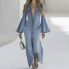 Lockere einfarbige Denim-Style Jumpsuits für Damen, einreihig, lässig, Herbst, Winter, ausgestellte Ärmel, Umlegekragen, Playsuits