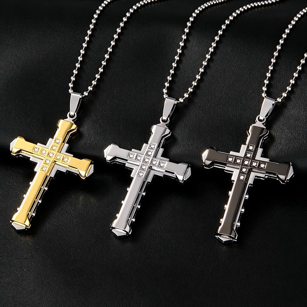 Men's Multi-layer Three-color Diamond Inlaid Cross Necklace