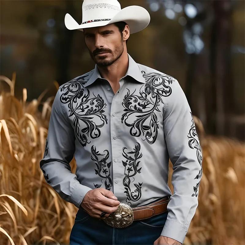 Chemise Western Décontractée en Denim pour Homme, Nouvelle Mode, Motif Imprimé 3D, Chemise Décontractée Rétro pour Vacances avec Boutons, Manches Longues Shi