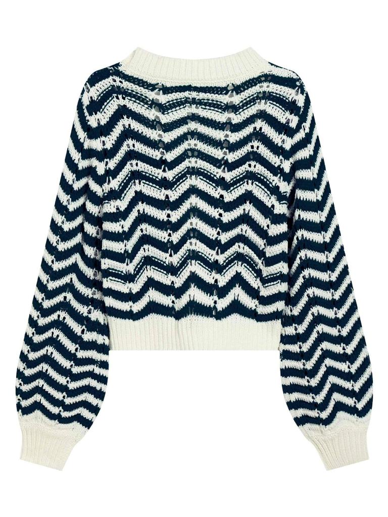 Women's Retro Striped V-Neck Button Knit Cardigan – Long Sleeve, Hollow Design for Autumn/Winter