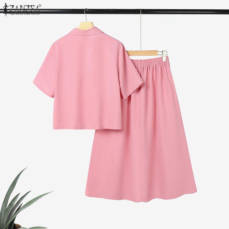 ZANZEA Damen Kurzarmbluse und Röcke Sommer Zweiteiliges Anzug-Set