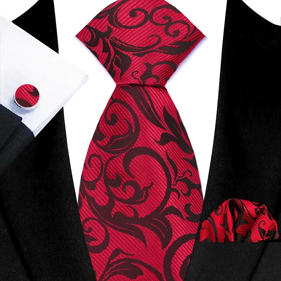 Red Striped Paisley Solid Floral Wedding 8CM Tie For Men Design Mens Necktie Hanky Cufflink Set For Daily Wear Business Party