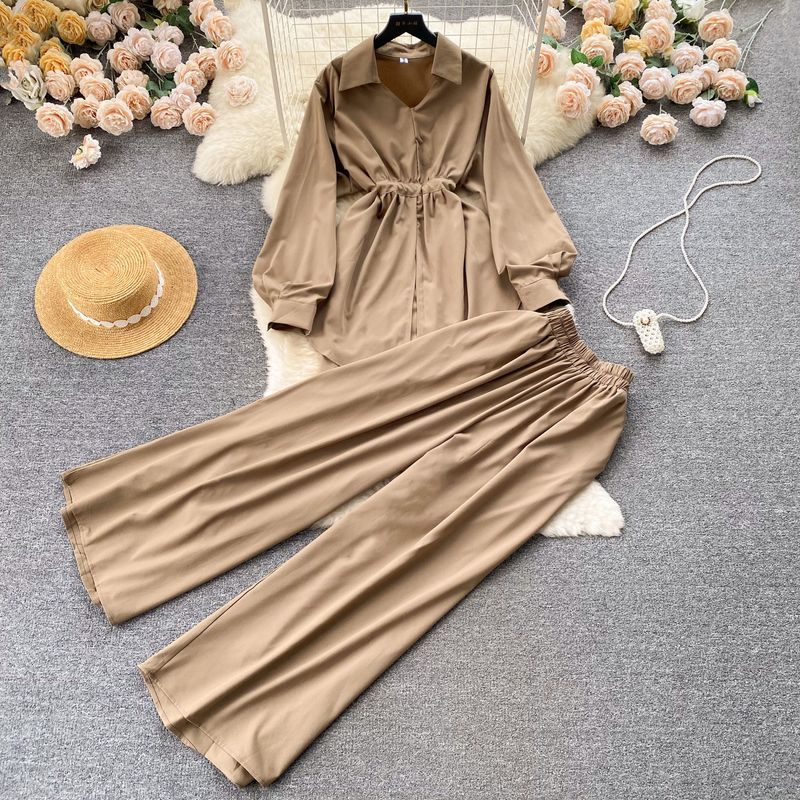 

Idle Style High Waist Slim-Fit Wide-Leg Pants Wear Drawstring Khaki All yards