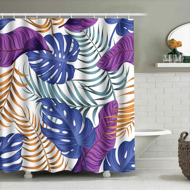 Colorful Palm Leaf Shower Curtain For Bathroom Decor Water Resistant Fabric With Hooks Set, Modern Floral Print Home Accessories