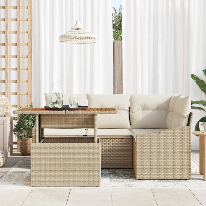 VidaXL Ensemble de salle à manger de jardin 5 pièces avec coussins beige poly rotin acacia 3349833