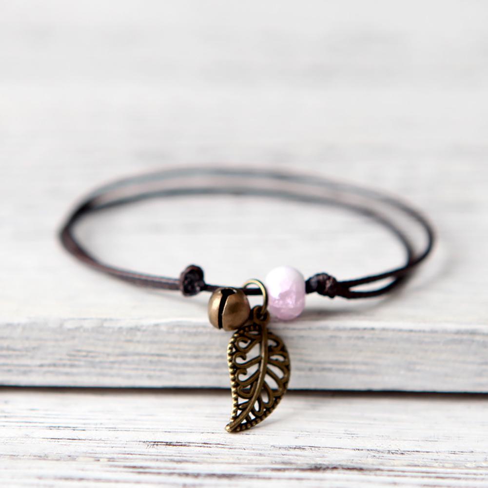 Ceramic Beaded Bracelet Bangle Rope Chain Vintage Leaf Pendant Couple Jewelry