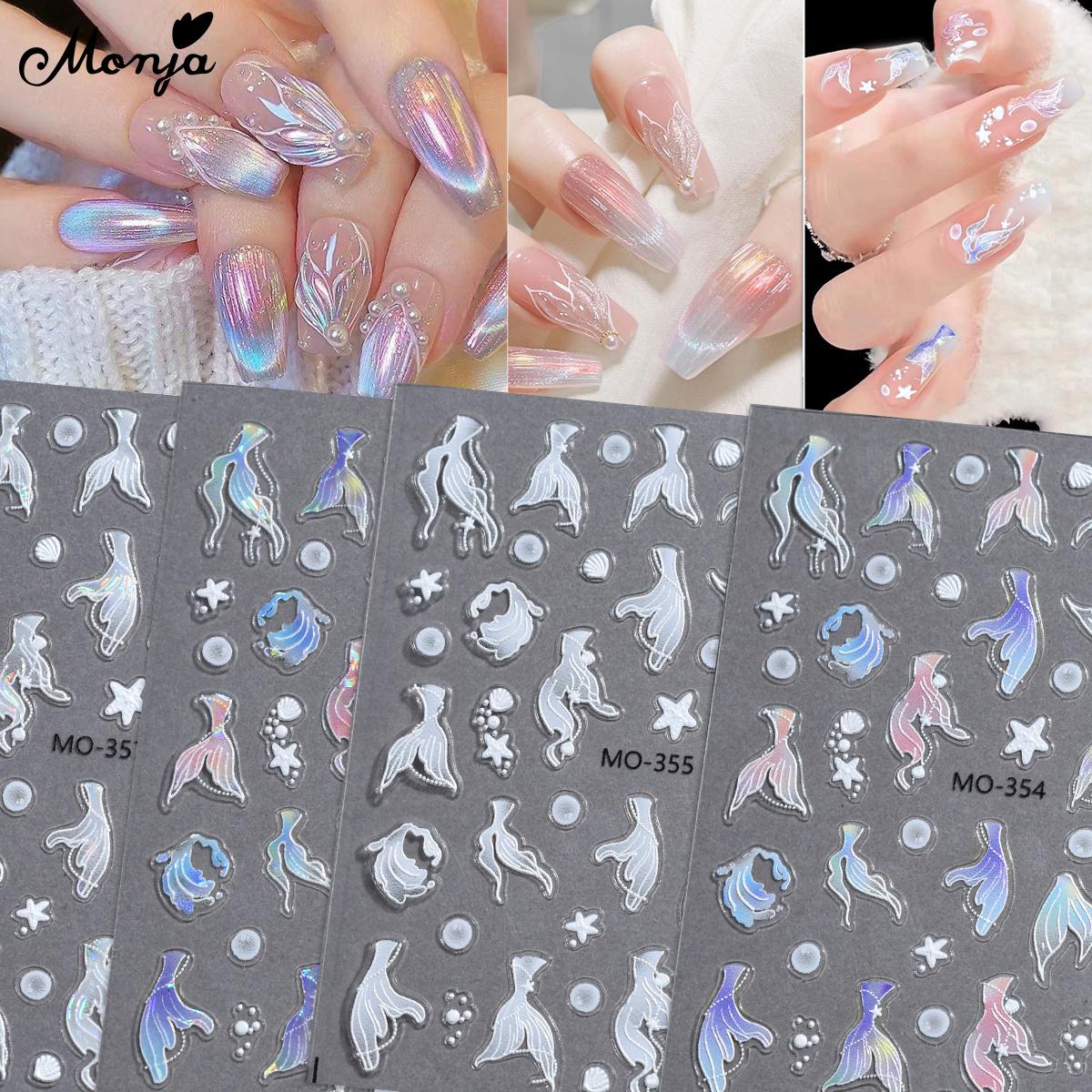 

monja 5D рельефные наклейки для ногтей Aurora Mermaid Tail наклейки для ногтей Ocean Self Dehsive Sliders Гравировка Маникюр Украшения DIY