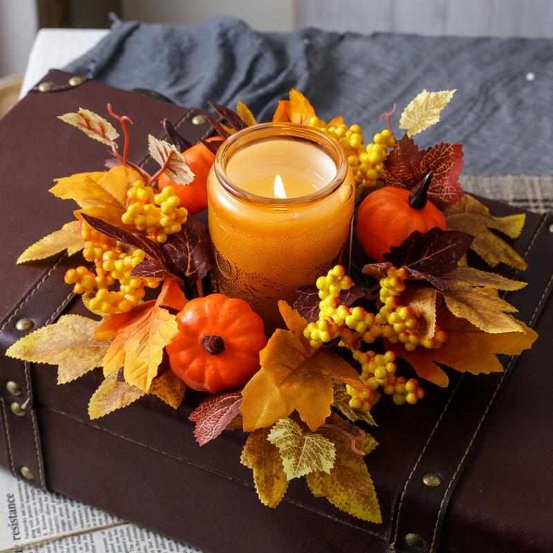 Fall Thanksgiving Table Decorations Vegetable Maple Leaf Candle Circle Safe