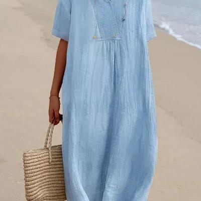 Women's Cotton Linen Solid Color Dress - In Stock