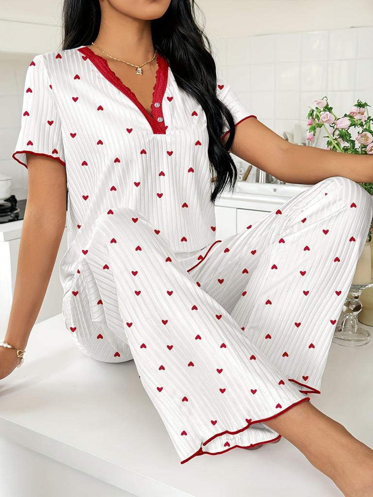 Spring and Autumn Women's Wide-Leg Print Pajama Set: Comfortable Short Sleeve Top and Long Pants for Indoor/Outdoor Wear.