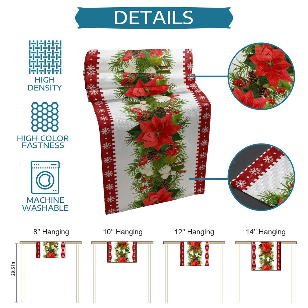 Christmas Poinsettia Pine Linen Table Runners Dresser Scarves Table Decor Winter Xmas Dining Table Runners Holiday Party Decor