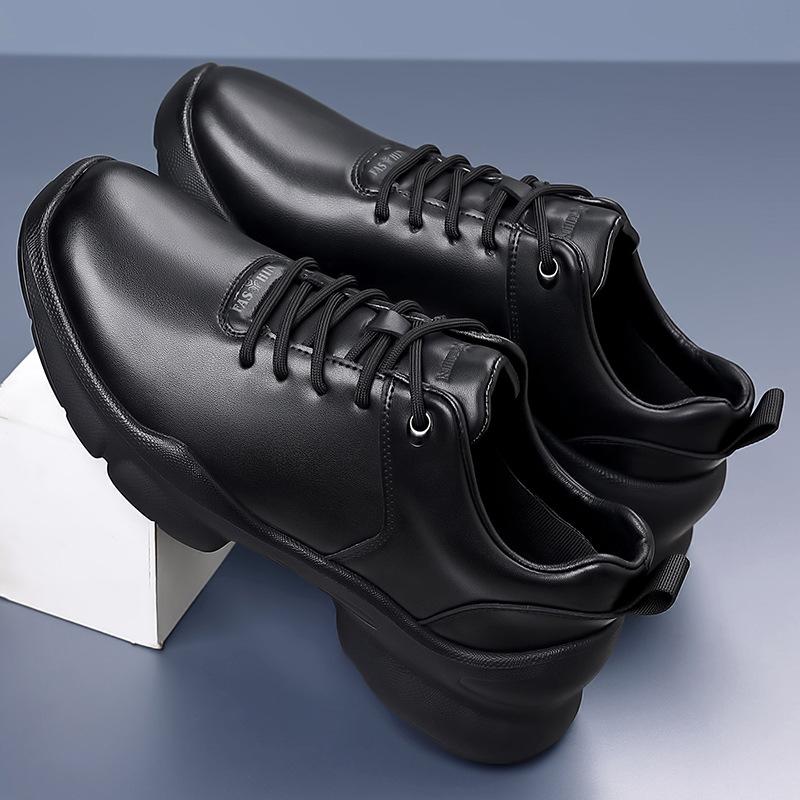 New winter leather sneakers business casual leather shoes all black official shoes light commute