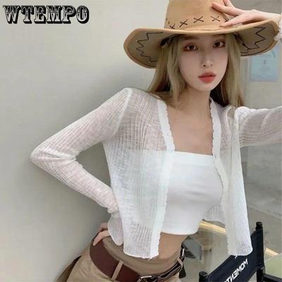 Dünne Strickjacke aus Eisseide, kurz, weiß, langärmelig, gestrickt, Sonnencreme, schlankes Crop-Top, Kintwear, neue Mode, schlicht, lässig, Frühling und Sommer