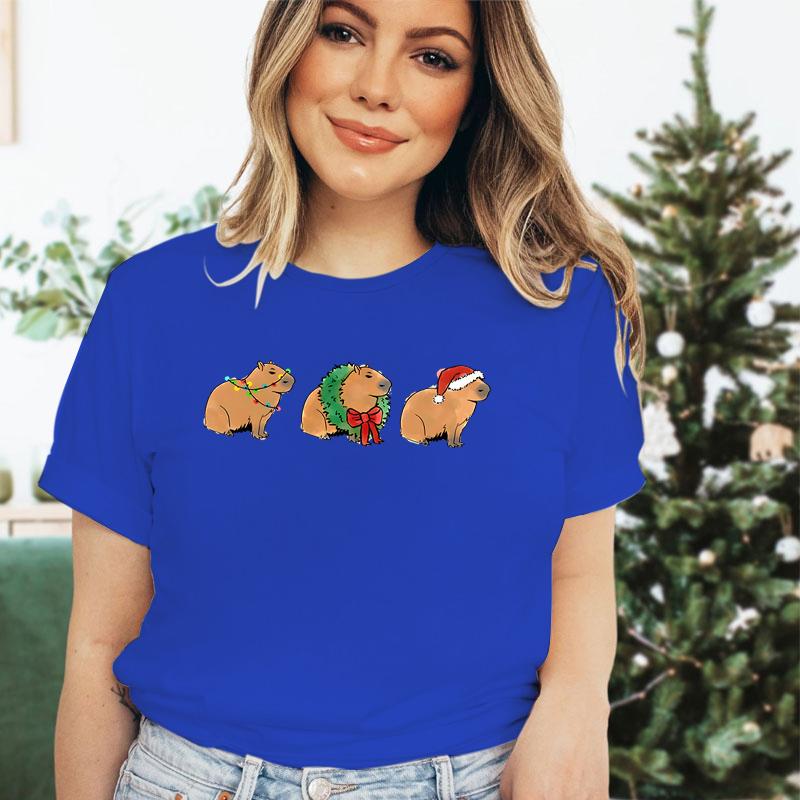 Merry Christmas Capybaras Print Women Fashion Casual Tshirts Capybara Kawaii Cartoon Tee Capybaras Lover Christmas Gift Tshirt