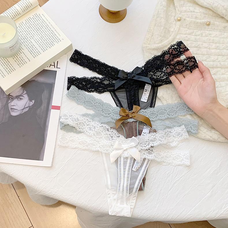 Sexy Color Blocked Lace Low Waist Panties Half Hip Thong Seductive Mesh See Through Women's Panties