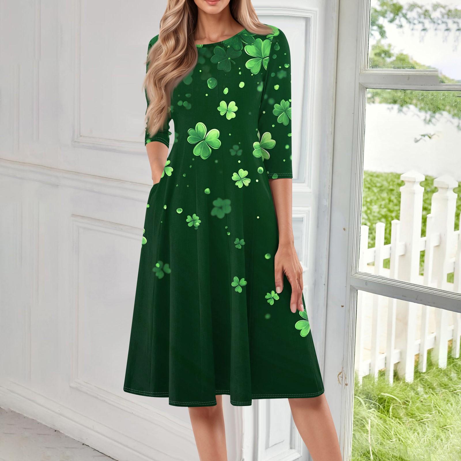 

Women s Fashionable Round Neck Seven Quarter Sleeve Printed Casual Mid Length Dress M темно-зелений колір