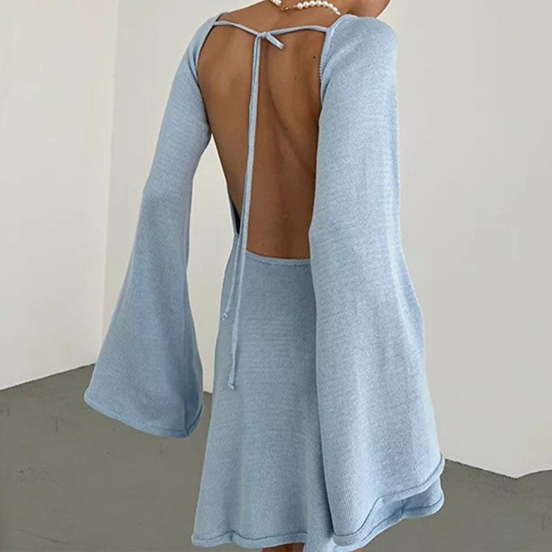 Neckholder Rundhalsbluse Einfarbig Gestrickt Ausgestellter Ärmel Strandkleid