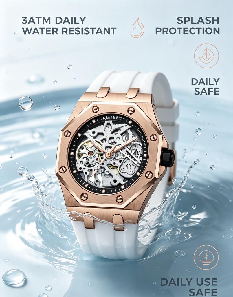 KINYUED Octagonal Hollow Skeleton Watch Men Rose Gold White Silicone Band Sports Luxury Waterproof Quartz Wristwatch Gift