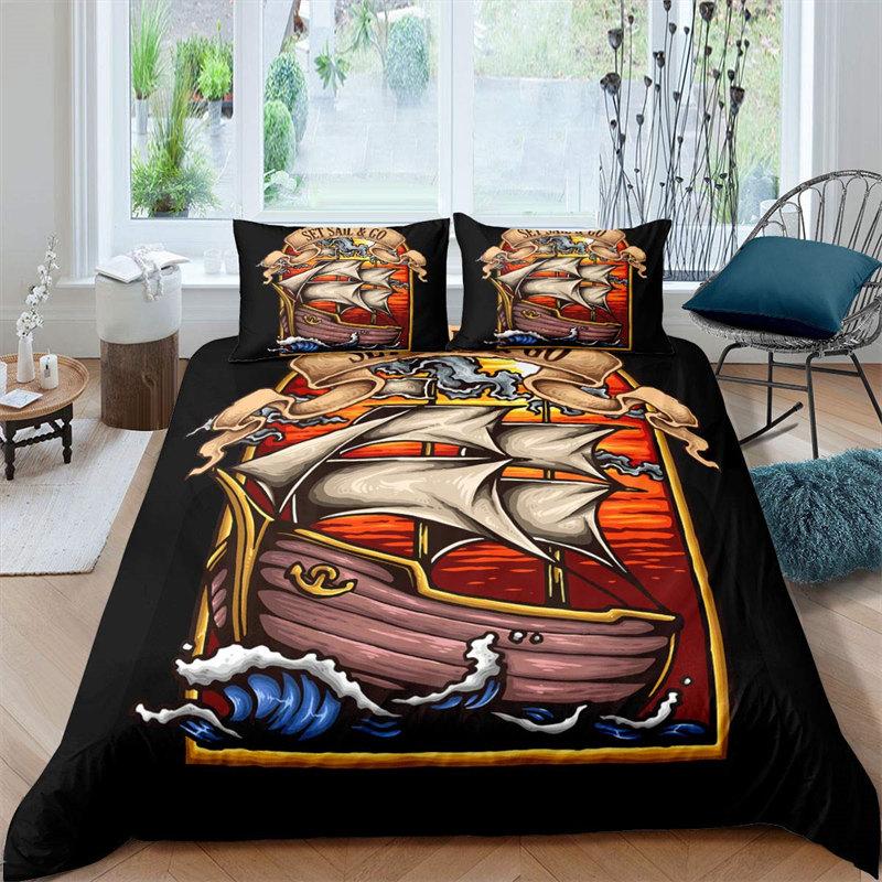 Vintage Pirate Sailboat Duvet Cover Nautical Ocean Theme Bedding Set Microfiber Diablo Style Comforter Cover King For Boys Teens