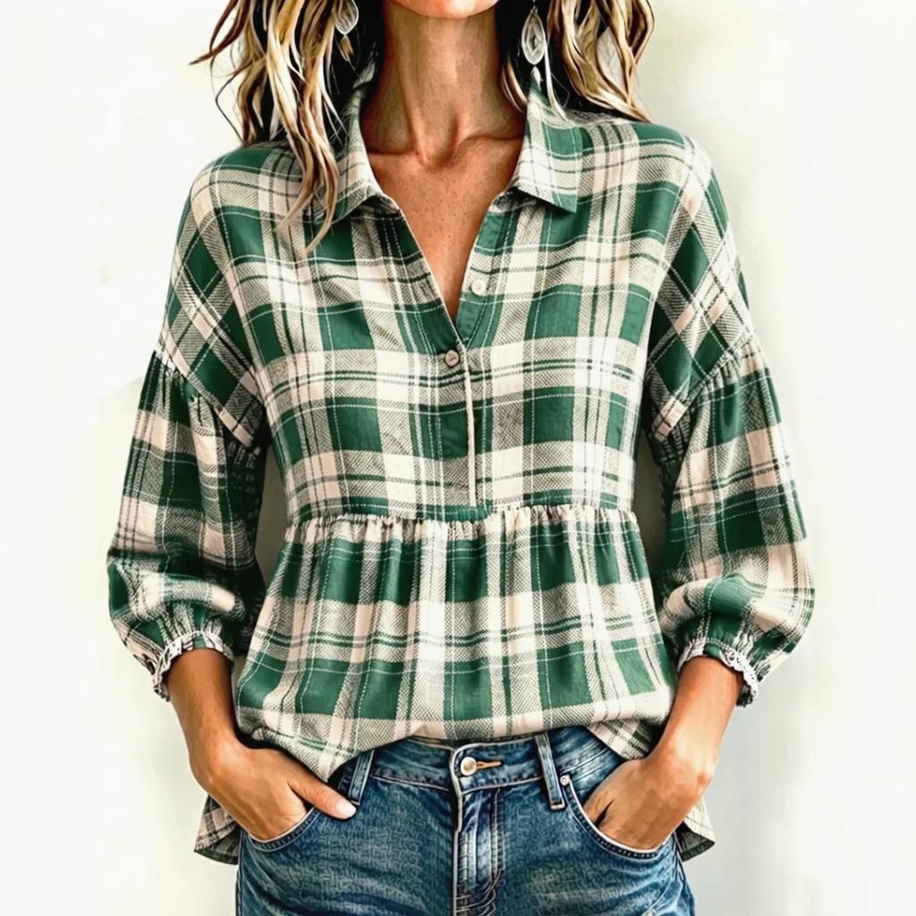 Women's Vintage Plaid Button Down Shirt Loose Fit Casual Blouse