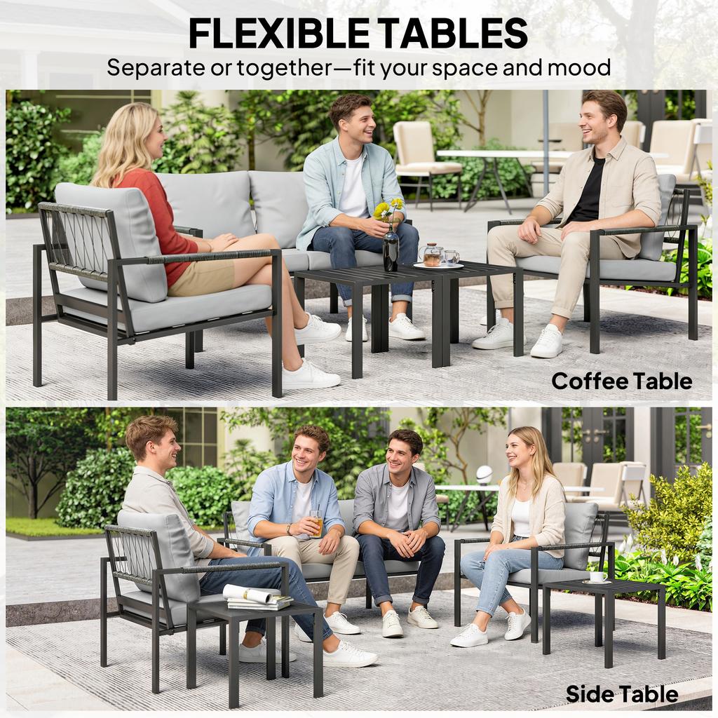 5 Piece Metal Garden Furniture Sofa Set With Thickened Cushions Loveseat 2 Armchairs 2 Coffee Tables Light Grey