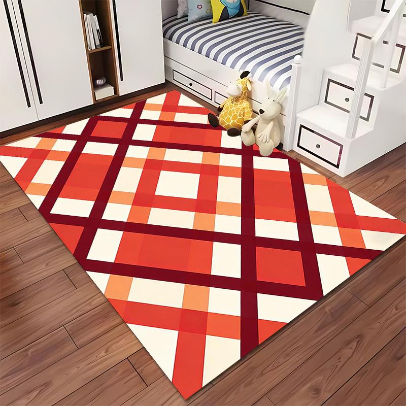 Geometric Pattern Carpet with Red and Orange Plaid Design, Modern Style Suitable for Use As an Anti-slip for Living Room Bedroom Sofas