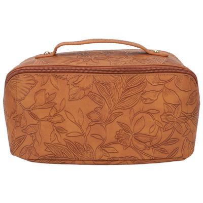Travel Makeup Bag PU Leather Large Capacity Makeup Bag Relief Flower Pattern PortableToiletry Bag Caramel Color for
