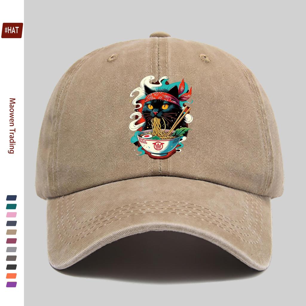 pc Japanese Anime Cat Ramen Print Trucker Cap Adjustable Buckle Strap Washed Baseball Hat Suitable for Men Women Vintage