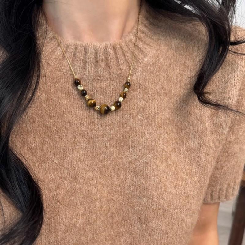 Maillard Tiger's Eye Stone Sun Pendant Necklace Retro Temperament Daily Commuter Collarbone Chain Light Luxury Niche Necklace Women