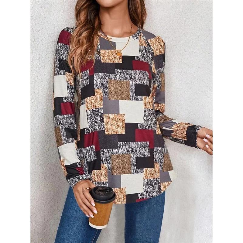 

Футболка с цветочным принтом и круглым вырезом в стиле колор-блок на весну и осень, повседневный топ с длинными рукавами для женщин, футболки 6xl