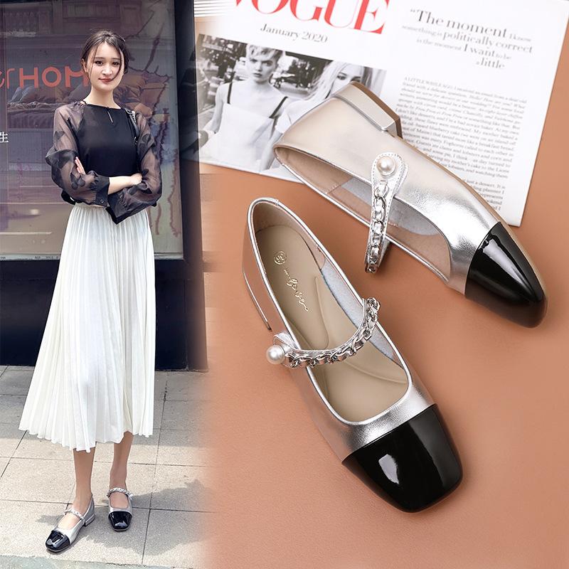 Fashion Luxury Gold/Silver Mary Janes Woman Low Heels Flats Shoes Chain Strap Ballet Loafers Female Cowhide Leather Patchwork Ballerinas