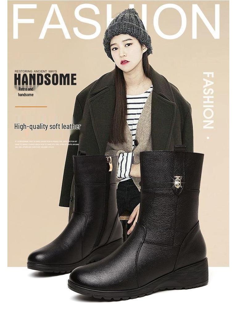 2025 Autumn/Winter Women's Fleece-Lined Wedge Heel Non-Slip Mid-Calf Cotton Martin Boots with Short Height Insole