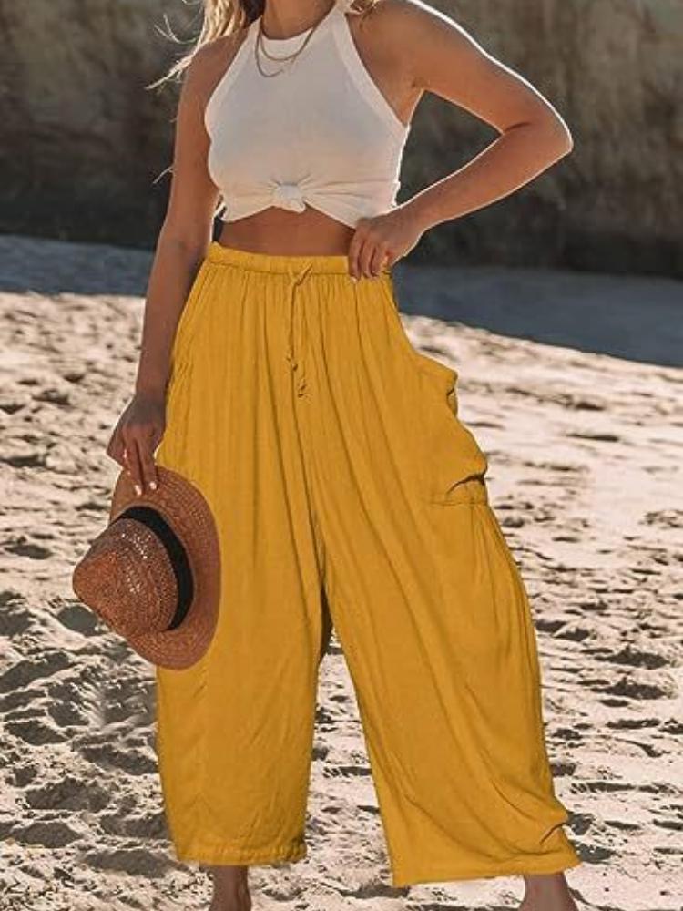 Elastic waisted pleated high waisted wide leg pants, loose casual cotton and linen pants